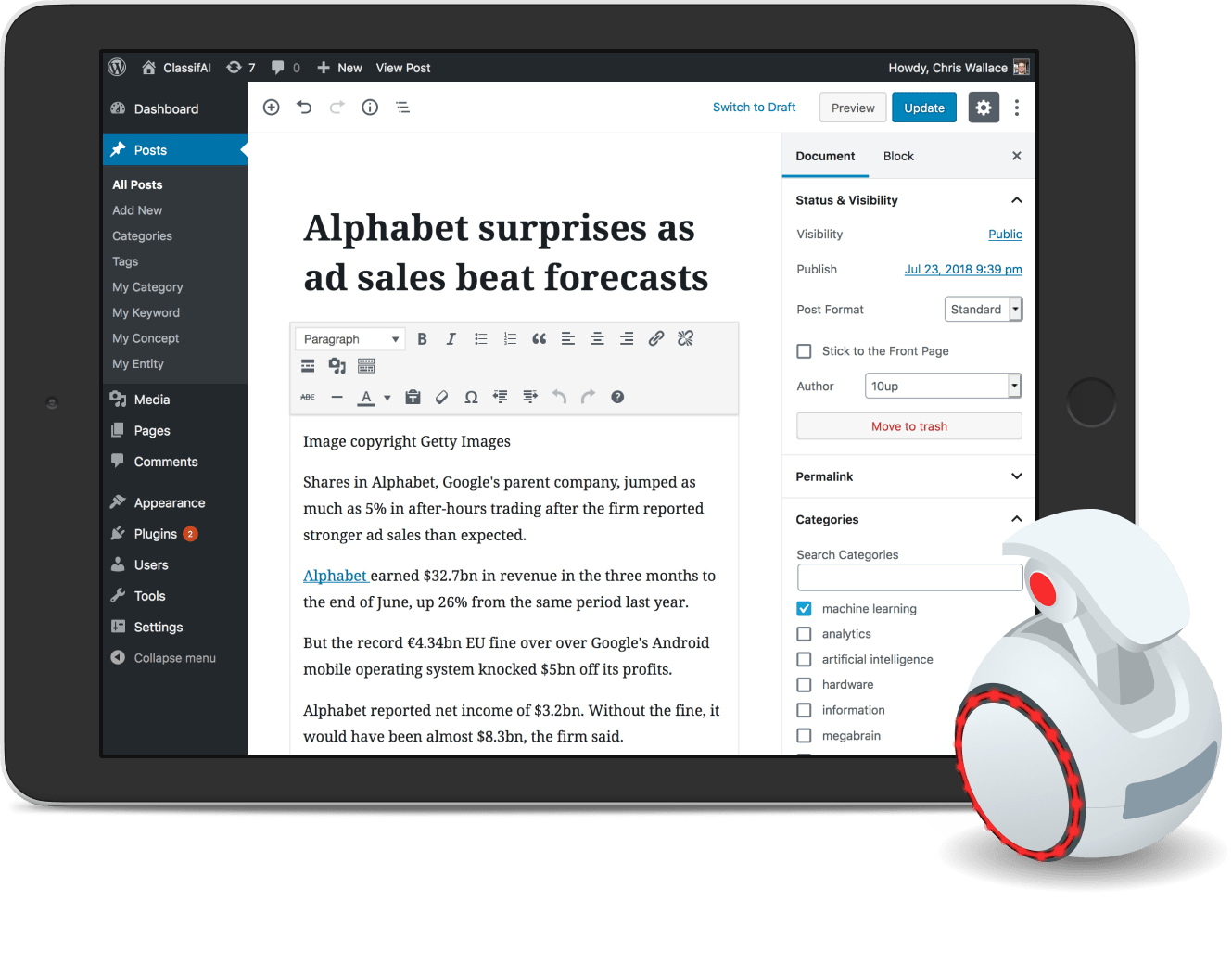 A small robot reviewing the content of a WordPress site, representing artificial intelligence and machine learning.