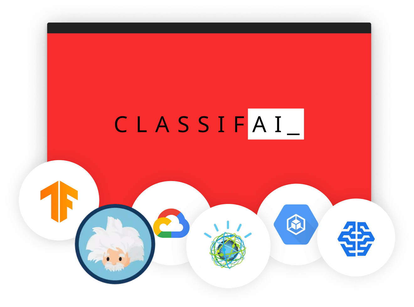 Logos for services ClassifAI will integrate with in the future, such as Google Cloud AI, Amazon SageMaker AI, Einstein AI, TensorFlow, and other emerging technologies.