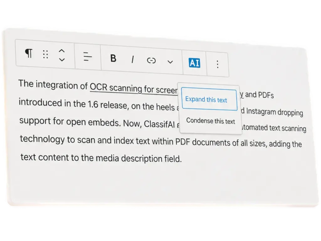 Stylized screenshot of ClassifAI's expand and contract paragraph text feature in the WordPress editor.