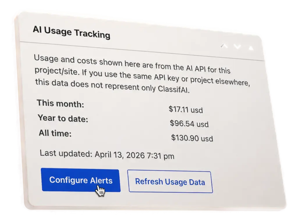 Stylized screenshot of ClassifAI's OpenAI usage tracking widget in the WordPress admin dashboard.