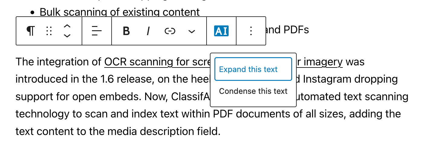 Block editor toolbar showing the expand or condense action rewriting selected text inline.