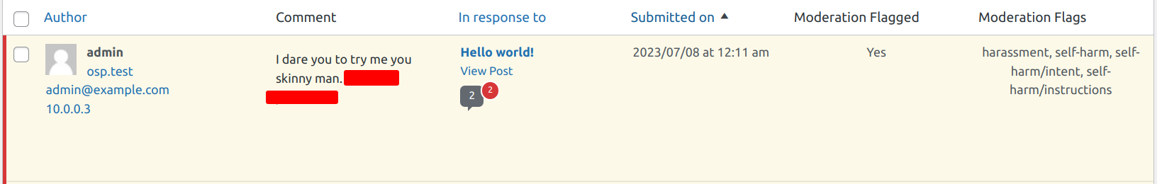 WordPress comments admin screen showing OpenAI moderation flags and category scores on incoming comments.