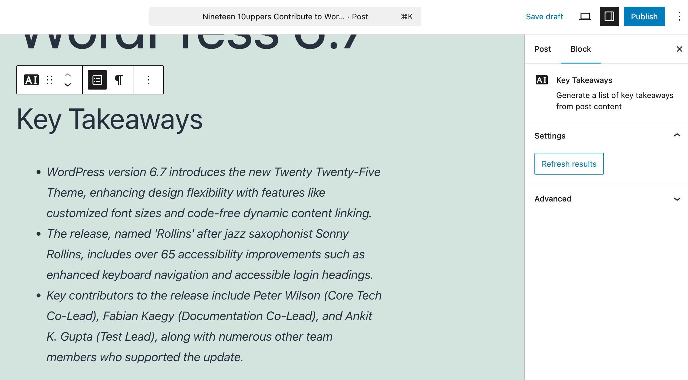 Example of the ClassifAI Key Takeaways block rendering a bulleted summary at the top of a post.