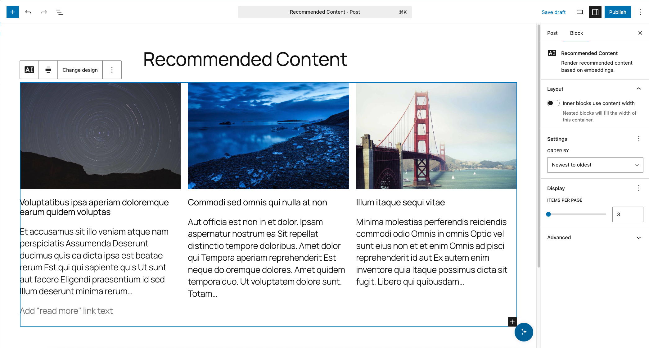 Front-end Recommended Content block showing semantically related posts beneath an article.