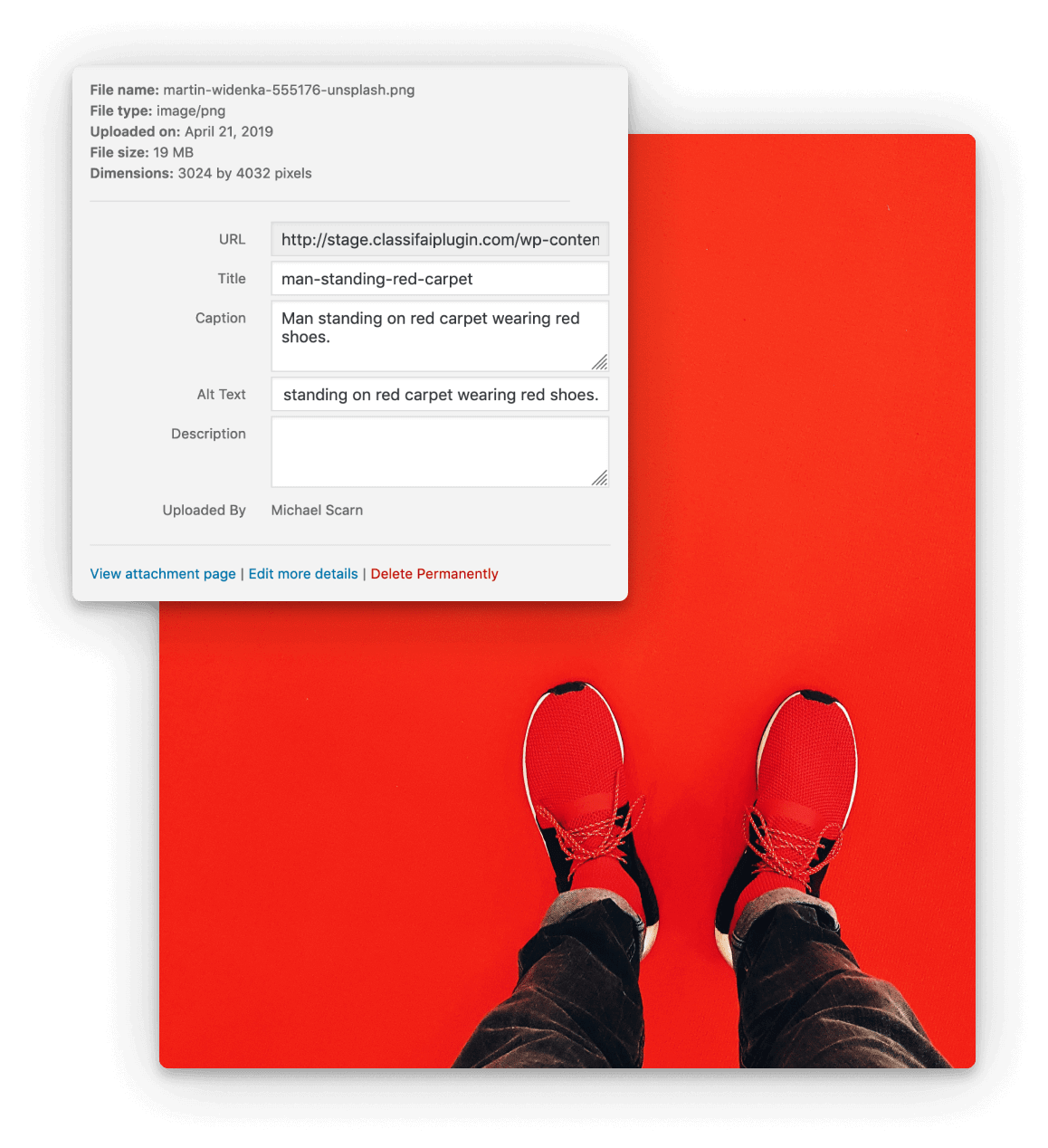 Attachment edit screen showing AI-generated alt text written into the alt field on upload.