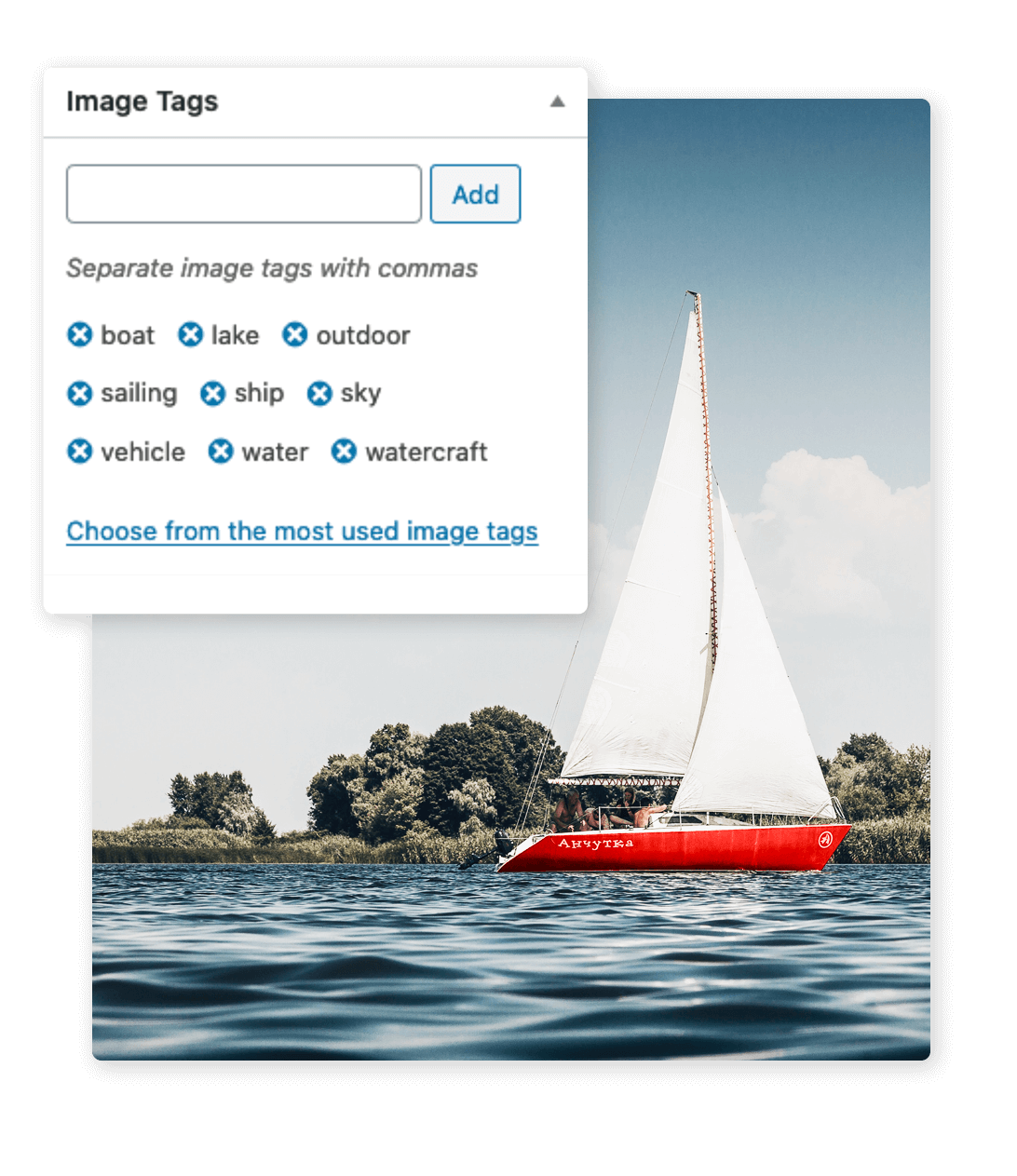 Attachment edit screen showing AI-assigned image tags from the Image Tags taxonomy.