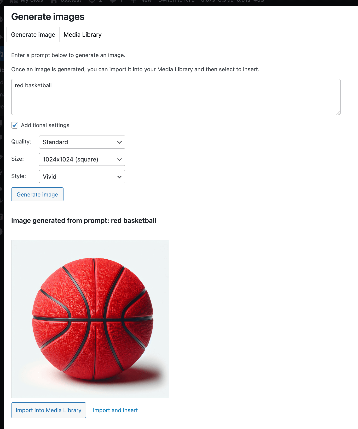 Block editor media modal showing AI-generated image variations from a text prompt.