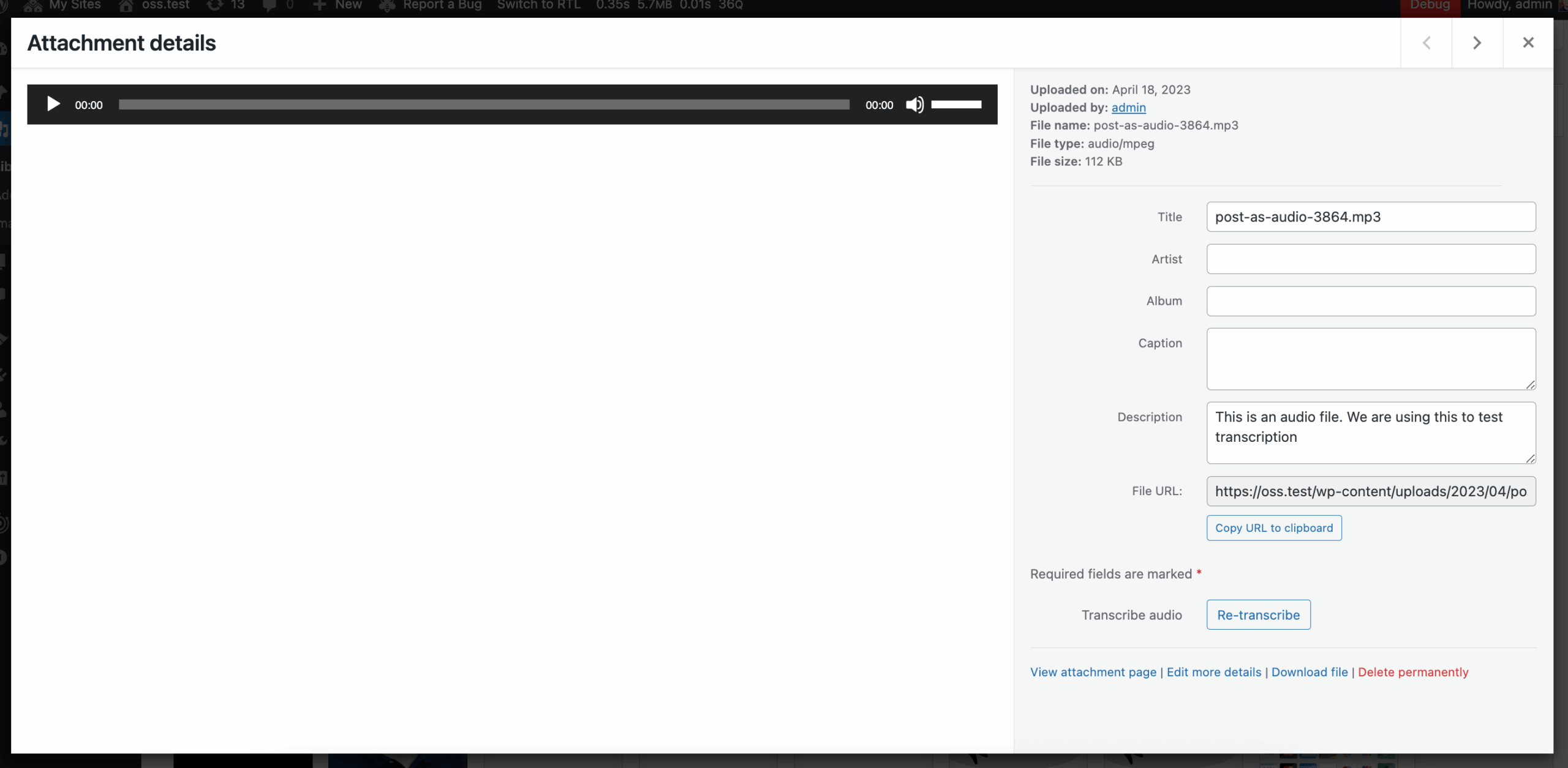 Attachment screen for an audio file showing an AI-generated transcript saved as the post content.